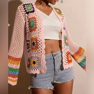 PINK Crochet Granny Square Open-Front Sweater